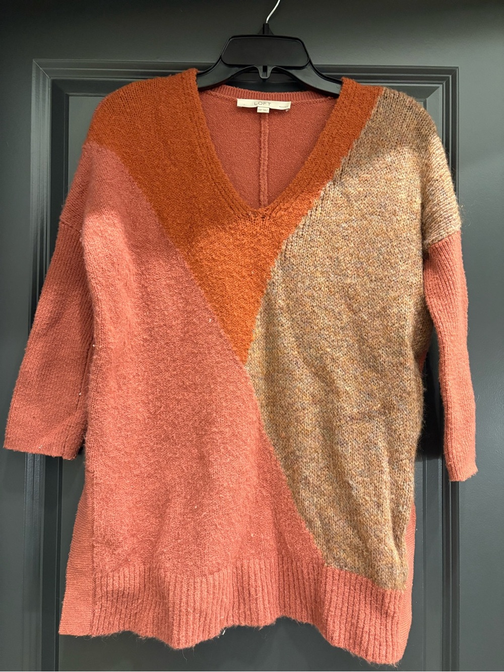 LOFT Colorblock V-Neck Sweater in Rust, Burnt Orange, Tan